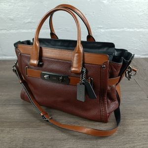 Coach Swagger 34420 Color Block Cognac And Brown Pebbled Leather Satchel